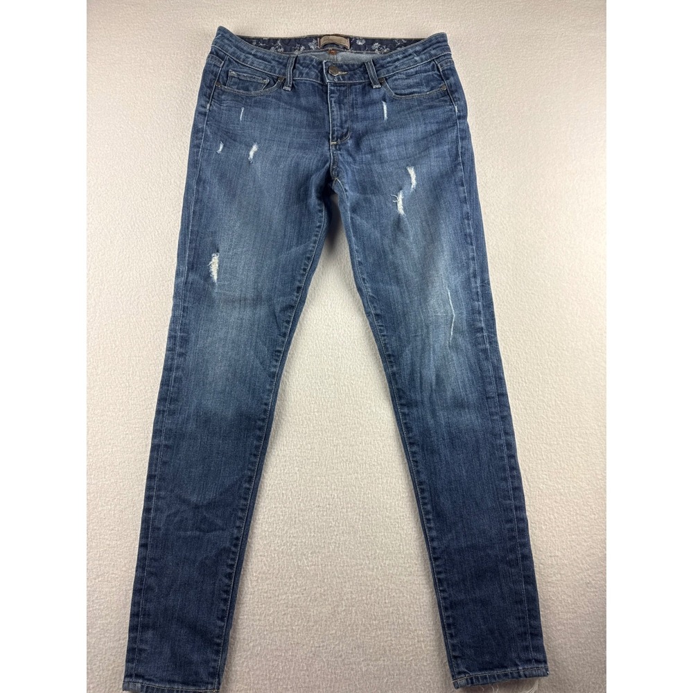 Paige Skyline Skinny Jeans Womens 30‎ Medium Wash Distressed Raw Hem Blue Denim